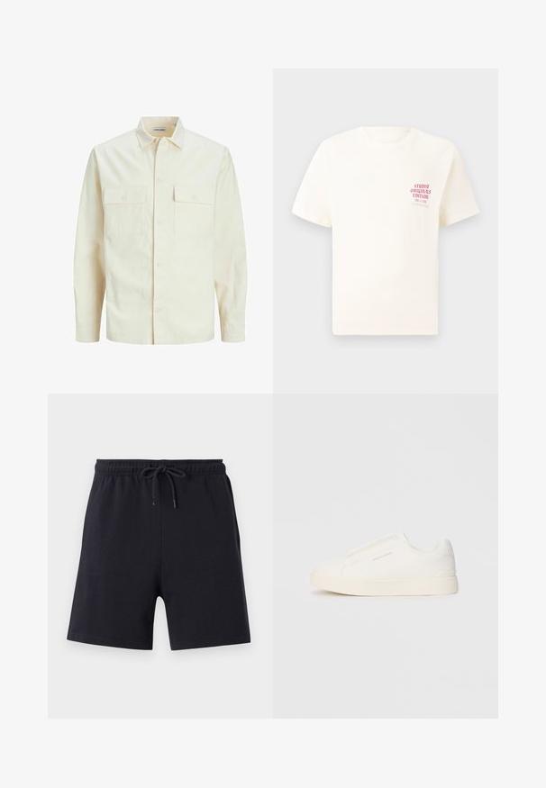 Light beige long-sleeve shirt with a collared neckline, two front pockets, button closure, and a textured fabric.; White short-sleeve T-shirt with red text "Studio Originals Edition" on left chest, displayed on a neutral gray background.; Black cotton shorts with an elastic waistband and drawstring, featuring a simple design and smooth texture.; White slip-on sneakers with a textured surface, a thick sole, and minimalistic design. Features brand logo on the side.
