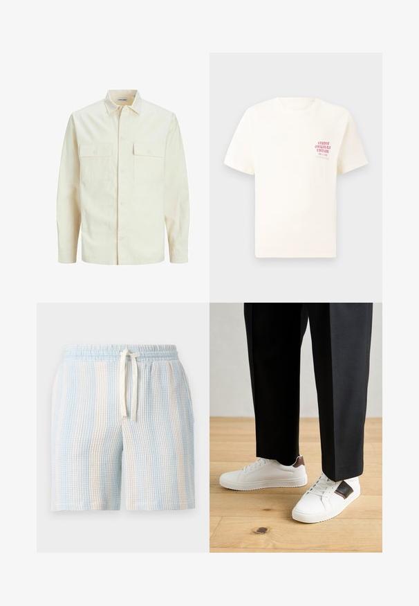 Lichtbeige langemouwen shirt met een kraaghalslijn, twee voorzakken, knoopsluiting en een gestructureerde stof.; Witte T-shirt met korte mouwen met rode tekst "Studio Originals Edition" op de linker borst, weergegeven op een neutrale grijze achtergrond.; Lichte, gemêleerde shorts met een blauw-wit gestreept patroon. Beschikt over een elastische tailleband en een trekkoordsluiting.; Witte sneakers met een gladde textuur, voorzien van bruine lederen accenten en zwarte details, gecombineerd met zwarte maatpakken. Achtergrond van houten vloeren.