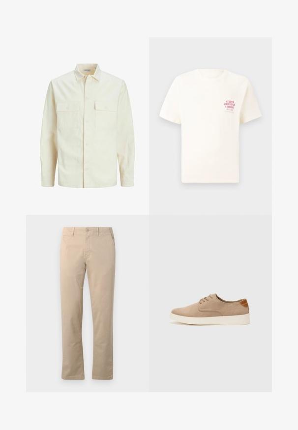 Lichtbeige langemouwen shirt met een kraaghalslijn, twee voorzakken, knoopsluiting en een gestructureerde stof.; Witte T-shirt met korte mouwen met rode tekst "Studio Originals Edition" op de linker borst, weergegeven op een neutrale grijze achtergrond.; Beige chino's van katoen, met een rechte pasvorm, traditionele knoopsluiting en zijzakken met nette stiksels.; Beige suède sneakers met een ronde neus, vetersluiting aan de voorkant en een getextureerde achteraccent. De witte rubberen zool zorgt voor contrast. Eenvoudig en modern ontwerp.