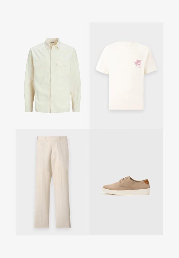Jasno beżowa koszula z długim rękawem, z kołnierzykiem, dwoma kieszeniami z przodu, zapięciem na guziki i teksturowanym materiałem.; Biała koszulka z krótkim rękawem z czerwonym napisem "Studio Originals Edition" po lewej stronie klatki piersiowej, wyeksponowana na neutralnym szarym tle.; Beżowe spodnie wykonane z tkaniny o gładkiej fakturze, z płaskim przodem, kieszeniami bocznymi i prostymi nogawkami.; Beżowe zamszowe sneakersy z okrągłym noskiem, sznurowanym przodem i teksturowanym akcentem na tyle. Biała gumowa podeszwa tworzy kontrast. Prosty i nowoczesny design.