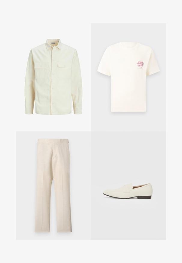 Világos bézs színű, hosszú ujjú ing, galléros nyakkal, két elülső zsebbel, gombos záródással és struktúrált anyaggal.; Fehér, rövid ujjú póló, bal mellen piros szöveggel "Studio Originals Edition", semleges szürke háttér előtt.; Bézs nadrág szövött anyagból, sima textúrával, lapos elülső résszel, oldalsó zsebekkel és egyenes lábakkal.; Világos bézs loaferek hegyes orral, sima anyagból, a lábfejen lévő pánttal és alacsony barna talppal. Egyszerű dizájn, minimális díszítéssel.