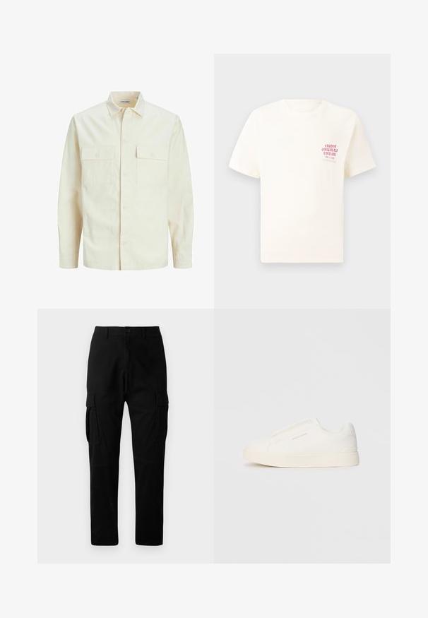 Hellbeige Langarmhemd mit klassischem Kragen, zwei Fronttaschen, Knopfverschluss und strukturiertem Stoff.; Weißes T-Shirt mit kurzen Ärmeln und rotem Text "Studio Originals Edition" auf der linken Brust, präsentiert vor einem neutralen grauen Hintergrund.; Schwarze Cargo-Hosen mit mehreren Seitentaschen, geradem Bein-Design und Knopfschluss, aus strapazierfähigem Baumwollmaterial.; Weiße Slip-On-Sneaker mit einer strukturierten Oberfläche, dicker Sohle und minimalistischem Design. Mit Logo der Marke an der Seite.