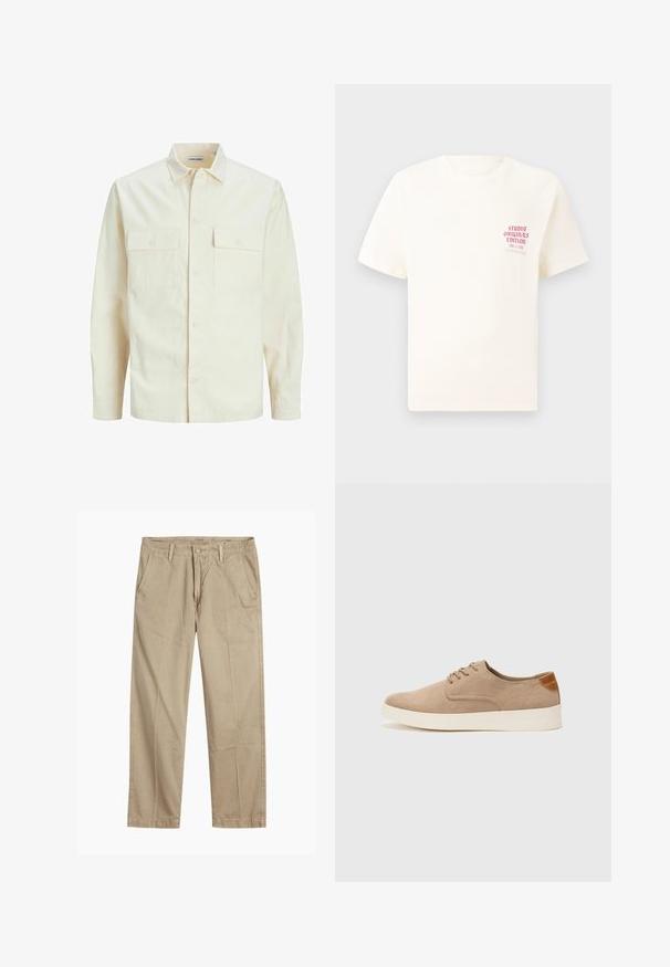 Hellbeige Langarmhemd mit klassischem Kragen, zwei Fronttaschen, Knopfverschluss und strukturiertem Stoff.; Weißes T-Shirt mit kurzen Ärmeln und rotem Text "Studio Originals Edition" auf der linken Brust, präsentiert vor einem neutralen grauen Hintergrund.; Beige gerade geschnittene Chinos mit Gürtelschlaufen, vorderem Knopf- und Reißverschlussverschluss sowie schrägen Fronttaschen.; Beige Wildleder-Sneaker mit runder Zehenpartie, Schnürung und strukturiertem Rückenteil. Die weiße Gummisohle sorgt für einen Kontrast. Einfaches und modernes Design.