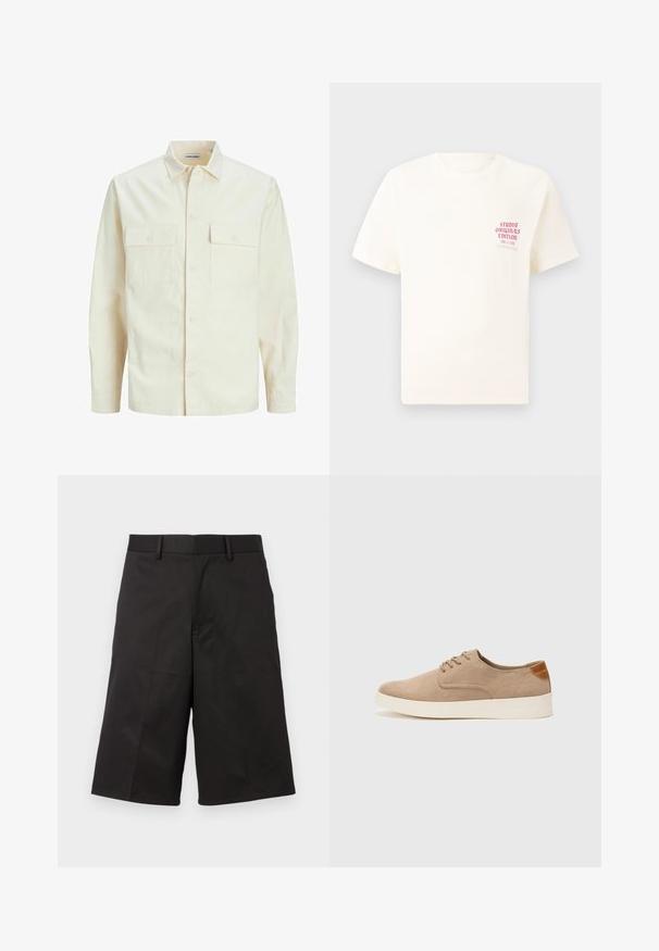 Chemise longue à manches longues beige clair avec un col, deux poches frontales, fermeture à boutons et un tissu texturé.; T-shirt blanc à manches courtes avec le texte rouge "Édition Originals du Studio" sur la poitrine gauche, présenté sur un fond gris neutre.; Shorts noirs au design ajusté, fabriqués en tissu lisse, avec un devant plat, des passants de ceinture et des jambes droites raccourcies.; Baskets en daim beige avec un embout arrondi, un laçage sur le devant et un accent texturé à l'arrière. La semelle en caoutchouc blanche offre un contraste. Design simple et moderne.