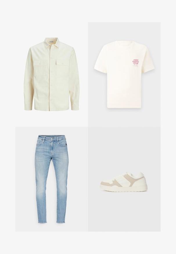 Gai bēšs garām piedurknēm krekls ar apkakles izgriezumu, divām priekšējām kabatām, pogu aizdari un teksturētu audumu.; Balts īsām piedurknēm T-krekls ar sarkanu tekstu "Studio Originals Edition" uz kreisā krūšu, pakārtots neitrālā pelēkā fonā.; G-STAR REVEND SKINNY - Ļoti pieguloši džinsi - sun faded biscay blue; Baltas un bežs kedas ar gludu un zamšveida tekstūru apvienojumu, apaļu purngali, saiteņu aizdari un platu gumijas zoli.