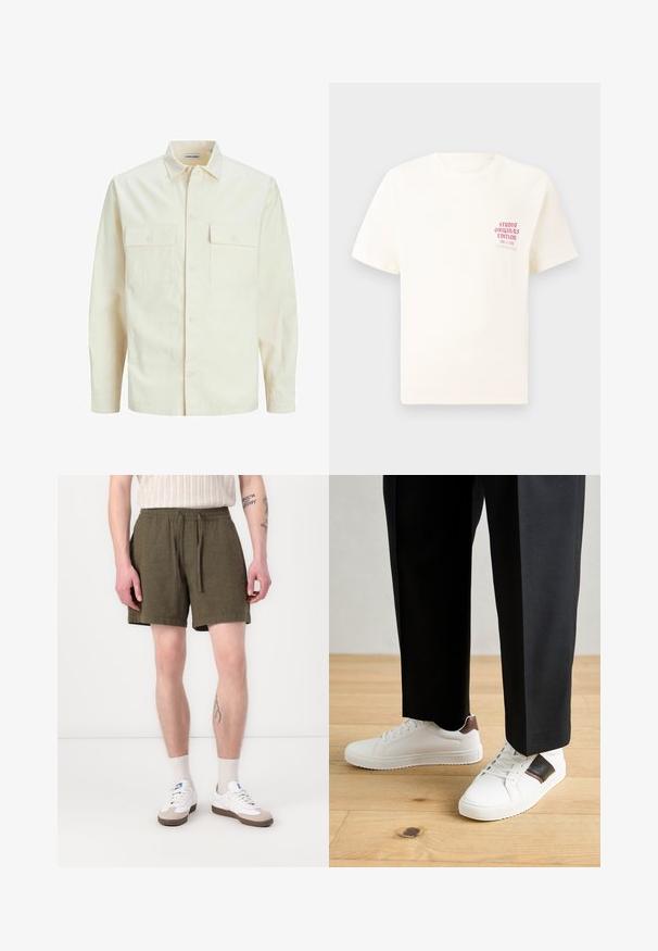 Šviesiai smėlio spalvos ilgomis rankovėmis marškiniai su apykakle, dviem priekinėmis kišenėmis, mygtukų uždarymu ir tekstūruota medžiaga.; Balta trumpa rankovėmis marškinėliai su raudonu užrašu "Studio Originals Edition" kairiajame krūtinės šone, rodomi neutralioje pilkoje aplinkoje.; Alyvuogių spalvos šortai su elastinga juostele ir raišteliu, turi šonines kišenes ir tiesų siluetą, pagaminti iš lengvos medžiagos.; Balti sportbačiai su glotnia danga, puošti rudais odiniais akcentais ir juodais detalėmis, derinami su juodais pritaikytais kelnėmis. Medinių grindų fonas.