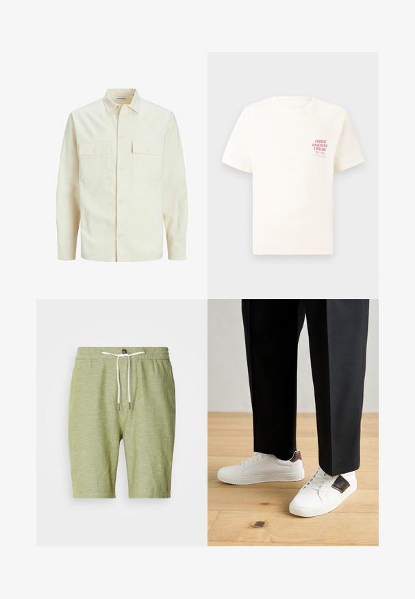 Hellbeige Langarmhemd mit klassischem Kragen, zwei Fronttaschen, Knopfverschluss und strukturiertem Stoff.; Weißes T-Shirt mit kurzen Ärmeln und rotem Text "Studio Originals Edition" auf der linken Brust, präsentiert vor einem neutralen grauen Hintergrund.; Hellgrüne Shorts aus einer Baumwollmischung mit einem elastischen Bund und Kordelzug mit Metallenden, kurzer Länge und ohne Taschen.; Weiße Sneakers mit glatter Textur, versehen mit braunen Lederakzenten und schwarzen Details, kombiniert mit schwarzen maßgeschneiderten Hosen. Hintergrund aus Holzboden.