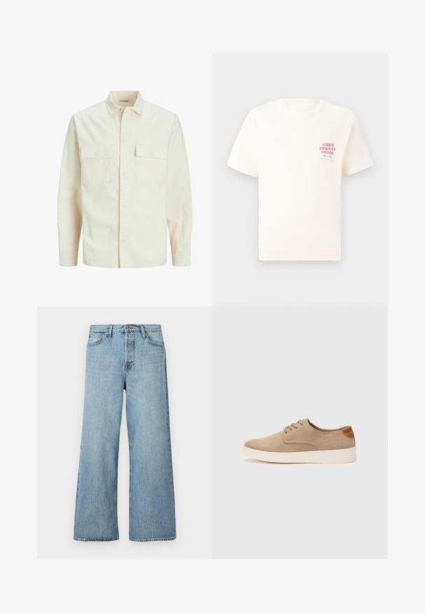 Svetlo bež srajca z dolgimi rokavi, ovratnim izrezom, dvema sprednjima žepoma, zapenjanjem na gumbe in teksturirano tkanino.; Bela majica s kratkimi rokavi z rdečim napisom "Studio Originals Edition" na levi strani prsnega koša, prikazana na nevtralnem sivo backgroundu.; Svetlo modre široke kavbojke iz denim materiala, z gumbom za zapiranje, subtilnim bledenjem in standardnim pet-pocket dizajnom.; Bež tkanine usnjene superge z zaobljenim nosom, vezalkami na sprednji strani in teksturiranim zadnjim detajlom. Belo gumijasto podplato zagotavlja kontrast. Enostaven in sodoben dizajn.