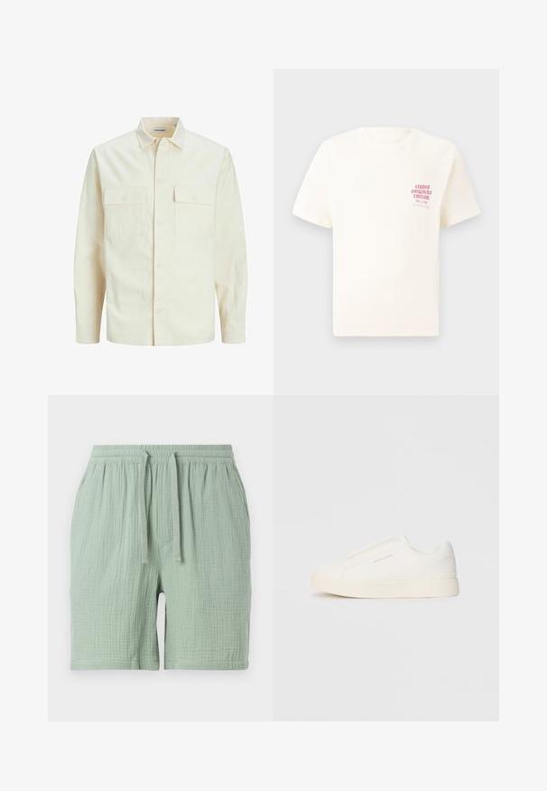 Hellbeige Langarmhemd mit klassischem Kragen, zwei Fronttaschen, Knopfverschluss und strukturiertem Stoff.; Weißes T-Shirt mit kurzen Ärmeln und rotem Text "Studio Originals Edition" auf der linken Brust, präsentiert vor einem neutralen grauen Hintergrund.; Hellgrüne Baumwollshorts mit einem elastischen Bund und Kordelzug. Strukturiertes, leicht knitteriges Material mit einer seitlichen Tasche.; Weiße Slip-On-Sneaker mit einer strukturierten Oberfläche, dicker Sohle und minimalistischem Design. Mit Logo der Marke an der Seite.