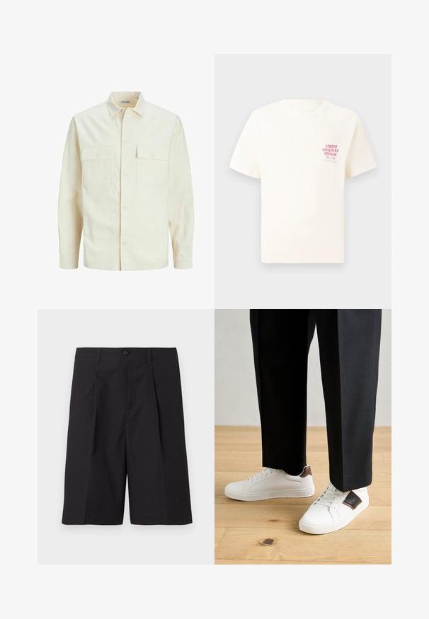 Svetlo béžová košeľa s dlhým rukávom, s golierom, dvoma prednými vreckami, zapínaním na gombíky a textúrovanou látkou.; Biele tričko s krátkym rukávom s červeným textom "Studio Originals Edition" na ľavej hrudi, zobrazené na neutrálnom šedom pozadí.; Čierne šité šortky vyrobené z ľahkého materiálu, s plisovaním, gombíkovým zapínaním a rovnými spodnými okrajmi. Hladká textúra a žiadne viditeľné vzory.; Biele tenisky s hladkým povrchom, s hnedými koženými akcentmi a čiernymi detailmi, spárované s čiernymi elegantnými nohavicami. Pozadím je drevená podlaha.