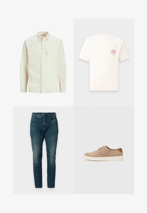 Kergedbež pika-särk pikkade varrukatega, krae ja kahe eespool asuva taskuga, nööpidega kinnitamine ja reljeefne materjal.; Valge lühikeste varrukatega T-särk, millel on vasakul rinnal punane tekst "Studio Originals Edition", esitatud neutraalsel hallil taustal.; Tumedad sinine teksased ja slim fit lõikega, millel on tõmblukk, viie tasku disain ja jalgeosas peened kulunud alad tekstuuriks.; Beežid nahast tossud ümarate varvastega, paeltega esiosa ja tekstuuriga tagakontuuriga. Valge kummist tallapakkumine loob kontrasti. Lihtne ja kaasaegne disain.