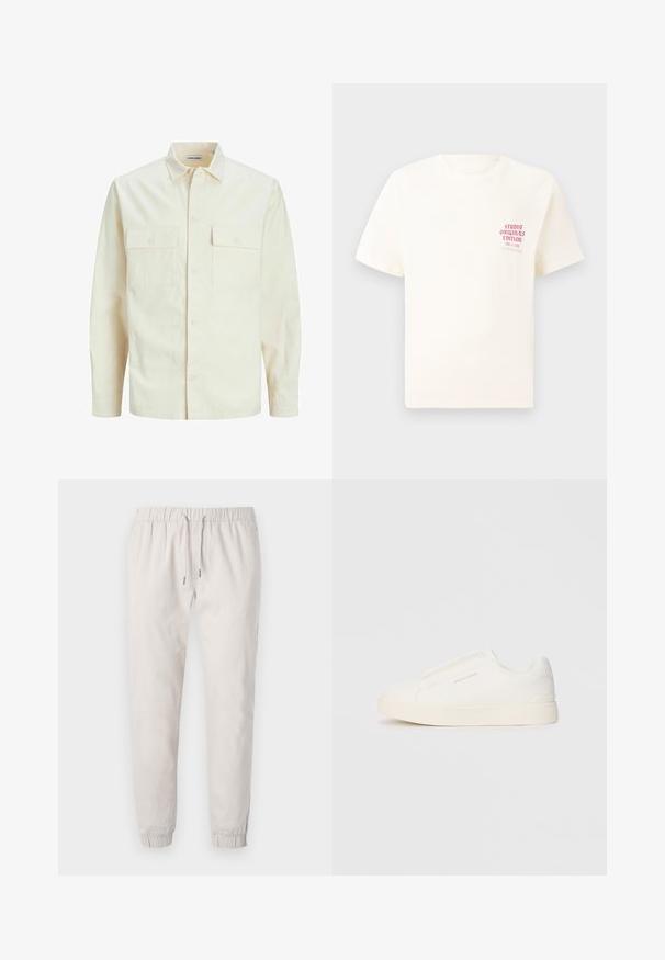 Chemise longue à manches longues beige clair avec un col, deux poches frontales, fermeture à boutons et un tissu texturé.; T-shirt blanc à manches courtes avec le texte rouge "Édition Originals du Studio" sur la poitrine gauche, présenté sur un fond gris neutre.; Pantalons joggers beige clair en tissu doux, dotés d'une taille élastique avec cordon de serrage, de chevilles resserrées et de poches latérales.; Baskets blanches sans lacets avec une surface texturée, une semelle épaisse et un design minimaliste. Présente le logo de la marque sur le côté.