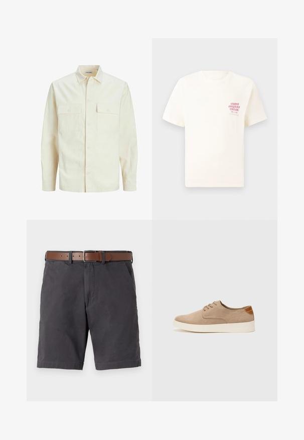 Camisa de manga larga color beige claro con cuello, dos bolsillos frontales, cierre de botones y una tela texturizada.; Camiseta blanca de manga corta con el texto rojo "Edición de Studio Originals" en el lado izquierdo del pecho, exhibida sobre un fondo gris neutro.; Pantalones cortos de algodón gris oscuro con un cinturón de cuero marrón, bolsillos frontales y detalles de ribete cosido.; Zapatillas de ante beige con puntera redondeada, cordones en la parte delantera y un acento texturizado en la parte trasera. La suela de goma blanca proporciona contraste. Diseño sencillo y moderno.
