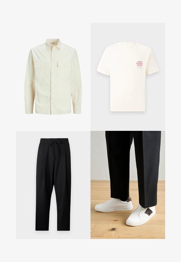 Světle béžová košile s dlouhým rukávem, límečkem, dvěma předními kapsami, zapínáním na knoflíky a strukturovanou tkaninou.; Bílý krátký rukávový tričko s červeným textem "Studio Originals Edition" na levé hrudi, vystavené na neutrálním šedém pozadí.; Černé, lehké kalhoty s volným střihem. Mají elastický pas s nastavitelnou šňůrkou a boční kapsy. Hladká textura.; Bílé tenisky s hladkým povrchem, s hnědými koženými akcenty a černými detaily, kombinované s černými kalhotami na míru. Pozadí tvoří dřevěná podlaha.
