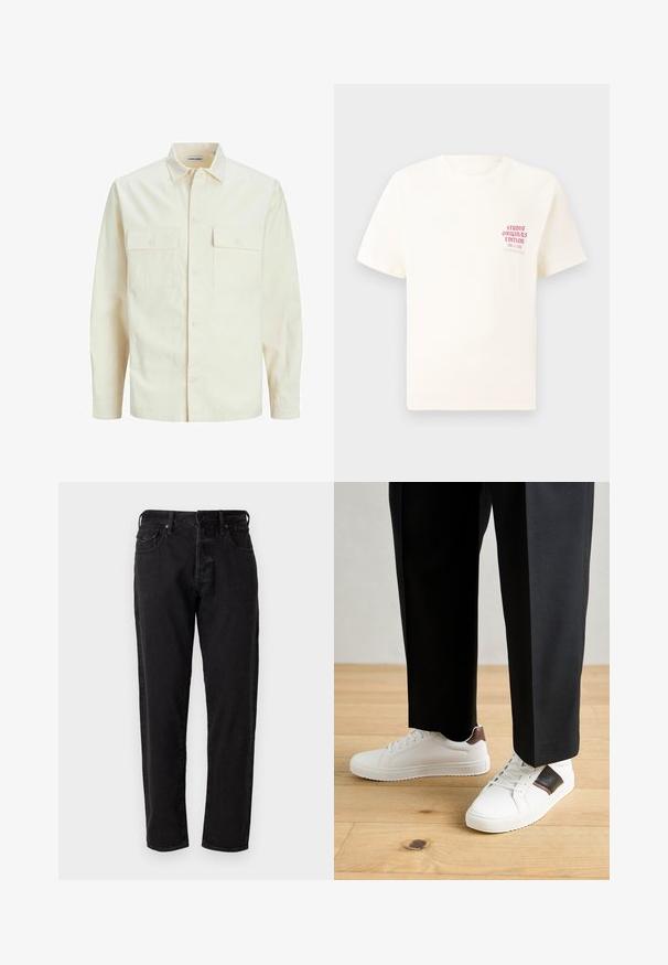 Svetlo béžová košeľa s dlhým rukávom, s golierom, dvoma prednými vreckami, zapínaním na gombíky a textúrovanou látkou.; Biele tričko s krátkym rukávom s červeným textom "Studio Originals Edition" na ľavej hrudi, zobrazené na neutrálnom šedom pozadí.; Čierne džínsy z denimu so strihom rovného nohavice, piatimi vreckami a kovovým zapínaním. Materiál má mäkkú textúru s minimálnym vyblednutím.; Biele tenisky s hladkým povrchom, s hnedými koženými akcentmi a čiernymi detailmi, spárované s čiernymi elegantnými nohavicami. Pozadím je drevená podlaha.