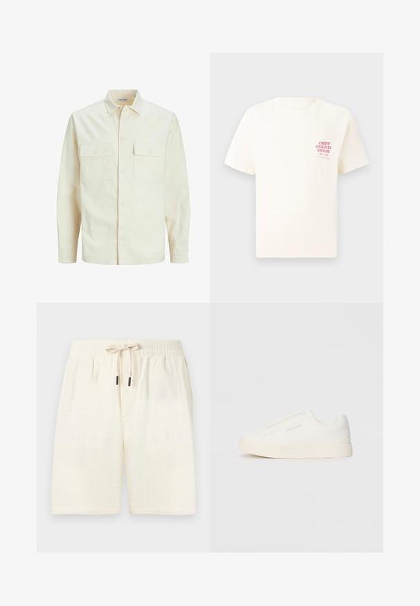 Chemise longue à manches longues beige clair avec un col, deux poches frontales, fermeture à boutons et un tissu texturé.; T-shirt blanc à manches courtes avec le texte rouge "Édition Originals du Studio" sur la poitrine gauche, présenté sur un fond gris neutre.; Shorts de couleur crème en tissu texturé avec un motif à carreaux. Équipés d'une taille élastique avec un cordon de serrage et de deux poches latérales.; Baskets blanches sans lacets avec une surface texturée, une semelle épaisse et un design minimaliste. Présente le logo de la marque sur le côté.