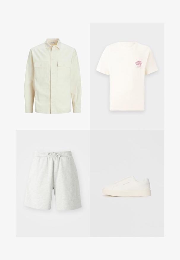 Světle béžová košile s dlouhým rukávem, límečkem, dvěma předními kapsami, zapínáním na knoflíky a strukturovanou tkaninou.; Bílý krátký rukávový tričko s červeným textem "Studio Originals Edition" na levé hrudi, vystavené na neutrálním šedém pozadí.; Světle šedé bavlněné šortky s elastickým pasem, detailem na šňůrku a bočními kapsami. Měkká textura, design do délky kolen.; Bílé slip-on tenisky s texturovaným povrchem, silnou podešví a minimalistickým designem. Na boku je umístěno logo značky.
