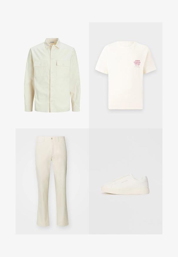 Svijetlo bež košulja dugih rukava s ovratnikom, dva prednja džepa, zatvaranje na dugmad i teksturirani materijal.; Bijela kratka majica s kratkim rukavima s crvenim natpisom "Studio Originals Edition" na lijevoj strani grudi, prikazana na neutralnoj sivoj pozadini.; Bež pamukene hlače ravnog kroja, s dugmetom na zatvaranju i bočnim džepom. Glatka tekstura i jednostavan stil.; Bijele slip-on tenisice s teksturiranom površinom, debelim đonom i minimalističkim dizajnom. Sadrže logo branda sa strane.