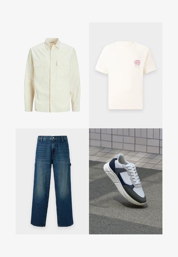 Világos bézs színű, hosszú ujjú ing, galléros nyakkal, két elülső zsebbel, gombos záródással és struktúrált anyaggal.; Fehér, rövid ujjú póló, bal mellen piros szöveggel "Studio Originals Edition", semleges szürke háttér előtt.; Bő szárú kék farmernadrág, elhalványult részletekkel, hagyományos gombos és cipzáras záródással, bal oldalon zsebbel.; Fehér, tengerészkék és szürke sneaker vegyes anyagokból készült dizájnnal, amely textúrázott felsőrésszel, lapos fűzőkkel és párnázott talppal rendelkezik.