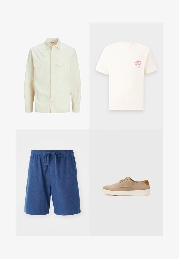 Camicia beige chiaro a maniche lunghe con colletto, due tasche frontali, chiusura a bottoni e un tessuto texturizzato.; T-shirt bianco a maniche corte con testo rosso "Studio Originals Edition" sul lato sinistro del petto, esposto su uno sfondo grigio neutro.; Pantaloni corti blu in tessuto intrecciato con cintura elastica, chiusura con cordino e tasche laterali. Lunghezza corta con una superficie liscia e testurizzata.; Sneaker in suede beige con punta arrotondata, stringhe davanti e un accento testurizzato sul retro. La suola in gomma bianca offre un contrasto. Design semplice e moderno.