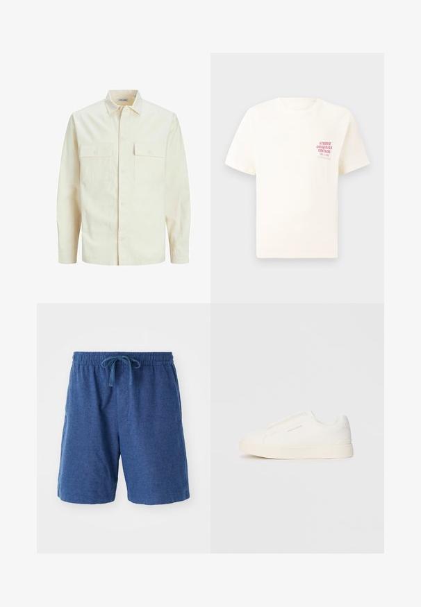 Gai bēšs garām piedurknēm krekls ar apkakles izgriezumu, divām priekšējām kabatām, pogu aizdari un teksturētu audumu.; Balts īsām piedurknēm T-krekls ar sarkanu tekstu "Studio Originals Edition" uz kreisā krūšu, pakārtots neitrālā pelēkā fonā.; Zilā austās šortus ar elastīgu jostu, aukliņas aizdari un sānu kabatām. Īsa garuma ar gludu, teksturētu virsmu.; Baltas slip-on sporta apavi ar teksturētu virsmu, biezu zoli un minimālistisku dizainu. Sānos redzams zīmola logotips.