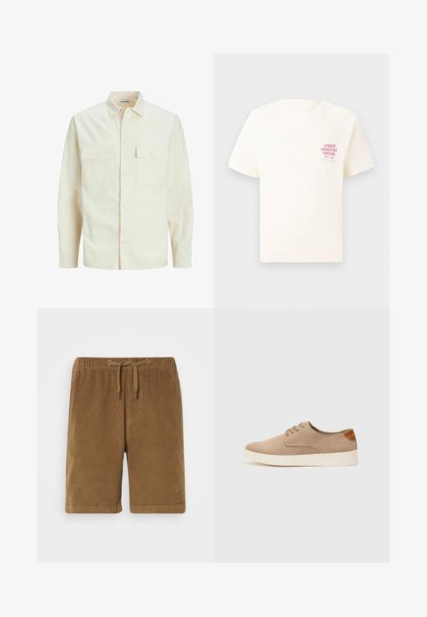 Gai bēšs garām piedurknēm krekls ar apkakles izgriezumu, divām priekšējām kabatām, pogu aizdari un teksturētu audumu.; Balts īsām piedurknēm T-krekls ar sarkanu tekstu "Studio Originals Edition" uz kreisā krūšu, pakārtots neitrālā pelēkā fonā.; Brūni korduroja šorti ar elastīgu jostu un auklu, ar taisnu griezumu un pagrieztām apakšmalām. Vienkāršs dizains, teksturēta auduma.; Beige zamšādas kedas ar noapaļotu purngala daļu, auklēm saplacinātu priekšpusi un teksturētu aizmugures akcentu. Balta gumijas zole nodrošina kontrastu. Vienkāršs un mūsdienīgs dizains.