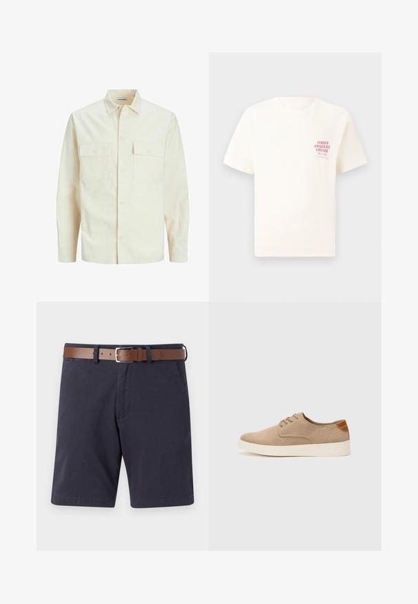 Vaaleanbeige pitkähihaisen paidan, jossa on kaulukset, kaksi etutaskua, nappikiinnitys ja tekstiilissä on tekstuuria.; Valkoinen lyhythihainen t-paita, jossa on punainen teksti "Studio Originals Edition" vasemmalla rinnalla, esitetty neutraalilla harmaalla taustalla.; Tummansinisiä puuvillashortseja, joissa on ruskea nahka vyö. Kaksi etutaskua, suora leikkaus ja sileä pinta.; Beige nubuck-lenkkarit, joissa on pyöreä kärki, nauhakiinnitys ja teksturoitu takaosa. Valkoinen kumipohja tuo kontrastia. Yksinkertainen ja moderni muotoilu.