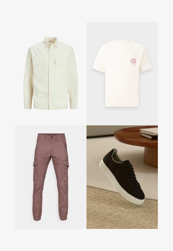 Jasno beżowa koszula z długim rękawem, z kołnierzykiem, dwoma kieszeniami z przodu, zapięciem na guziki i teksturowanym materiałem.; Biała koszulka z krótkim rękawem z czerwonym napisem "Studio Originals Edition" po lewej stronie klatki piersiowej, wyeksponowana na neutralnym szarym tle.; Spodnie cargo w miękkim burgundowym materiale, z elastycznymi mankietami, wieloma kieszeniami bocznymi oraz gładkim przodem, idealne do noszenia na co dzień lub do aktywności na świeżym powietrzu.; Czarny sneaker z białą podeszwą unoszący się nad beżowym, teksturowanym dywanem w pobliżu okrągłego drewnianego stołu z poukładanymi książkami.