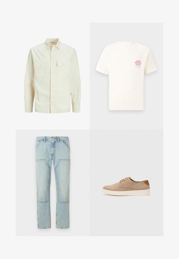 Cămașă lungă cu mâneci lungi de culoare bej deschis, cu guler, două buzunare frontale, închidere cu butoane și un material texturat.; Tricou alb cu mânecă scurtă, având text roșu "Studio Originals Edition" pe partea stângă a pieptului, expus pe un fundal gri neutru.; Jeans din denim de un albastru deschis, cu picior drept, prezentând buzunare cu aplicații și un finisaj decolorat. Închidere cu nasture la talie, bucle standard pentru curea.; Tenisi din suede bej cu vârf rotund, sistem de șireturi în față și un accent texturat în spate. Talpa albă din cauciuc oferă un contrast. Design simplu și modern.