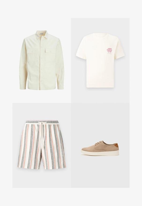 Chemise longue à manches longues beige clair avec un col, deux poches frontales, fermeture à boutons et un tissu texturé.; T-shirt blanc à manches courtes avec le texte rouge "Édition Originals du Studio" sur la poitrine gauche, présenté sur un fond gris neutre.; Shorts rayés en tissu léger, avec des rayures verticales blanches, roses, grises et noires, dotés d'une taille élastique et d'un cordon de serrage.; Baskets en daim beige avec un embout arrondi, un laçage sur le devant et un accent texturé à l'arrière. La semelle en caoutchouc blanche offre un contraste. Design simple et moderne.