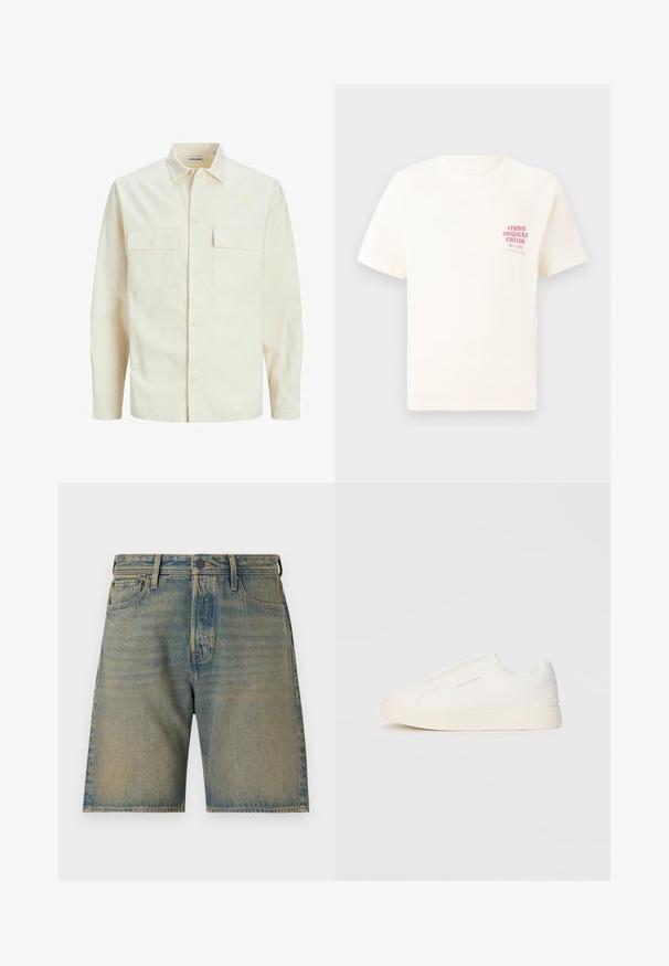 Šviesiai smėlio spalvos ilgomis rankovėmis marškiniai su apykakle, dviem priekinėmis kišenėmis, mygtukų uždarymu ir tekstūruota medžiaga.; Balta trumpa rankovėmis marškinėliai su raudonu užrašu "Studio Originals Edition" kairiajame krūtinės šone, rodomi neutralioje pilkoje aplinkoje.; Šviesiai mėlyni džinsiniai šortai su nudvėsusiu efektu. Apima penkis kišenes, užtrauktuko priekį, mygtuko uždarymą ir tvirtą siuvimą kraštuose.; Baltos slip-on sportbačiai su tekstūruota paviršiumi, storesniu padu ir minimalistišku dizainu. Šone matosi prekės ženklo logotipas.