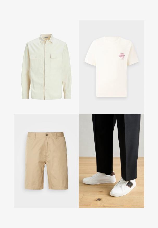 Jasno beżowa koszula z długim rękawem, z kołnierzykiem, dwoma kieszeniami z przodu, zapięciem na guziki i teksturowanym materiałem.; Biała koszulka z krótkim rękawem z czerwonym napisem "Studio Originals Edition" po lewej stronie klatki piersiowej, wyeksponowana na neutralnym szarym tle.; Scotch & Soda STUART wielbłądzi; Białe trampki o gładkiej fakturze, z brązowymi skórzanymi akcentami i czarnymi detalami, zestawione z czarnymi eleganckimi spodniami. Tło stanowi drewniana podłoga.