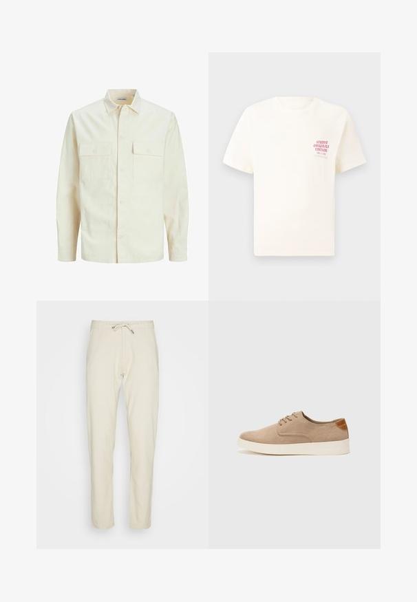 Chemise longue à manches longues beige clair avec un col, deux poches frontales, fermeture à boutons et un tissu texturé.; T-shirt blanc à manches courtes avec le texte rouge "Édition Originals du Studio" sur la poitrine gauche, présenté sur un fond gris neutre.; Pantalon beige en tissu léger, avec une taille à cordon, une coupe fuselée et des jambes droites au toucher doux.; Baskets en daim beige avec un embout arrondi, un laçage sur le devant et un accent texturé à l'arrière. La semelle en caoutchouc blanche offre un contraste. Design simple et moderne.