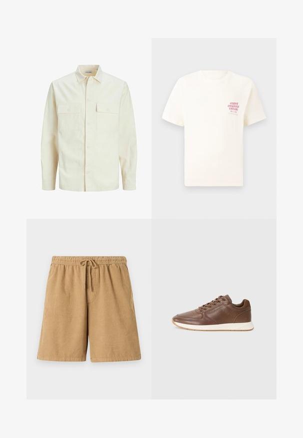 Ljusbeige långärmad skjorta med krage, två framfickor, knäppning och en texturerad tyg.; Vit kortärmad T-shirt med röd text "Studio Originals Edition" på vänster bröst, är uppställd på en neutral grå bakgrund.; Bruna kordflorbyxor med elastisk midja och dragsko. Har vertikala åsar och sidofickor. Kort längd och avslappnad design.; Tommy Hilfiger HYBRID - Sneakers - legacy brown