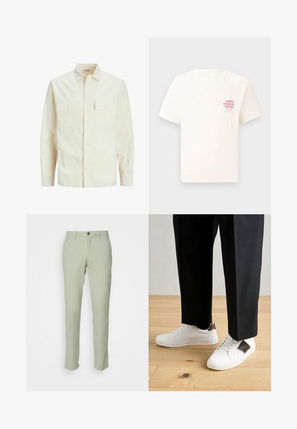 Lys beige langærmet skjorte med krave, to forlommer, knaplukning og et tekstureret stof.; Hvid kortermet T-shirt med rød tekst "Studio Originals Edition" på venstre bryst, vist på en neutral grå baggrund.; Jack & Jones JPSTMARCO NOOS - Chino - desert sage; Hvide sneakers med glat tekstur, prydet med brune læderdetaljer og sorte detaljer, sammen med sorte skræddersyede bukser. Baggrund med trægulv.