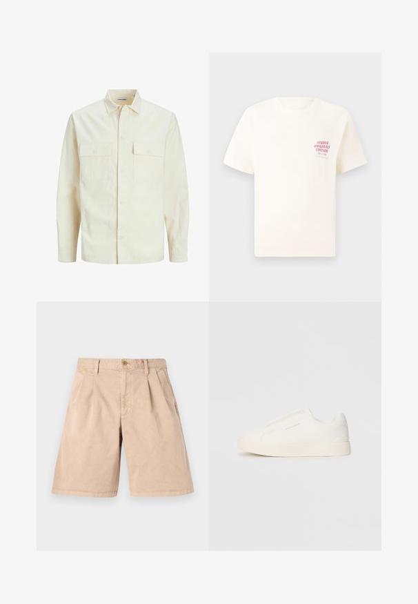 Světle béžová košile s dlouhým rukávem, límečkem, dvěma předními kapsami, zapínáním na knoflíky a strukturovanou tkaninou.; Bílý krátký rukávový tričko s červeným textem "Studio Originals Edition" na levé hrudi, vystavené na neutrálním šedém pozadí.; Béžové kraťasy vyrobené z bavlny, s rovným střihem, plisovaným předním dílem, bočními kapsami a jedním knoflíkem na zapínání v pase.; Bílé slip-on tenisky s texturovaným povrchem, silnou podešví a minimalistickým designem. Na boku je umístěno logo značky.
