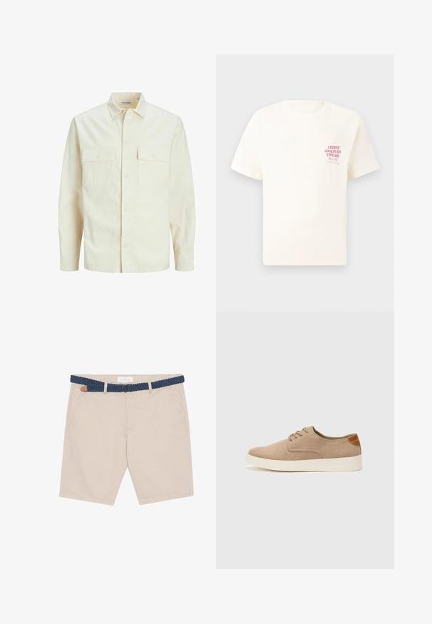 Világos bézs színű, hosszú ujjú ing, galléros nyakkal, két elülső zsebbel, gombos záródással és struktúrált anyaggal.; Fehér, rövid ujjú póló, bal mellen piros szöveggel "Studio Originals Edition", semleges szürke háttér előtt.; Beige rövidnadrág szőtt kék övvel. Elől zsebekkel, barna bőr kiegészítővel, és hétköznapi dizájnnal, amely alkalmas meleg időjárásra.; Beige velúr sportcipő, kerek orral, fűzős elülső résszel és textúrált hátsó részlettel. Fehér gumitalp kontrasztot ad. Egyszerű és modern design.