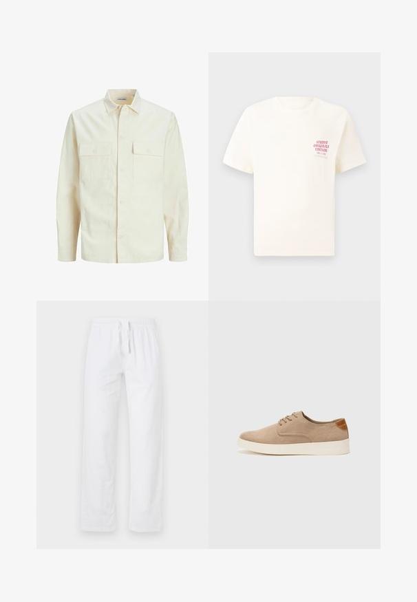 Svetlo béžová košeľa s dlhým rukávom, s golierom, dvoma prednými vreckami, zapínaním na gombíky a textúrovanou látkou.; Biele tričko s krátkym rukávom s červeným textom "Studio Originals Edition" na ľavej hrudi, zobrazené na neutrálnom šedom pozadí.; Biele, ľahké bavlnené nohavice s elastickým pásom a šnúrkou; majú široké nohy a hladký, beztextúrny povrch.; Béžové semišové tenisky s okrúhlou špičkou, šnurovaním vpredu a textúrovaným zadným akcentom. Biela gumová podrážka poskytuje kontrast. Jednoduchý a moderný dizajn.