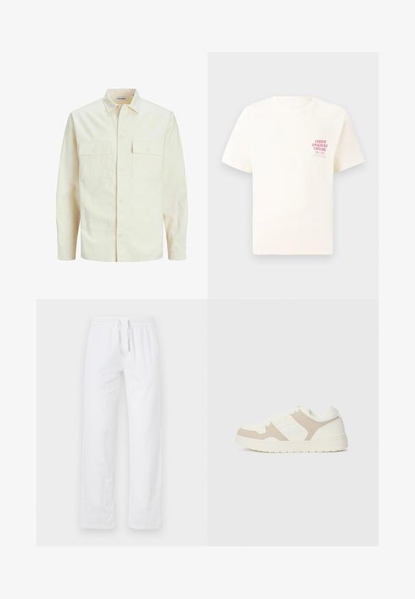Világos bézs színű, hosszú ujjú ing, galléros nyakkal, két elülső zsebbel, gombos záródással és struktúrált anyaggal.; Fehér, rövid ujjú póló, bal mellen piros szöveggel "Studio Originals Edition", semleges szürke háttér előtt.; Fehér, könnyű pamut nadrág, rugalmas derékpánttal és zsinórral; széles lábakkal és sima, textúrázatlan felülettel rendelkezik.; Fehér és bézs sportcipő, sima és velúr textúrák kombinációjával, kerek orral, fűzős záródással és lapos gumitalppal.