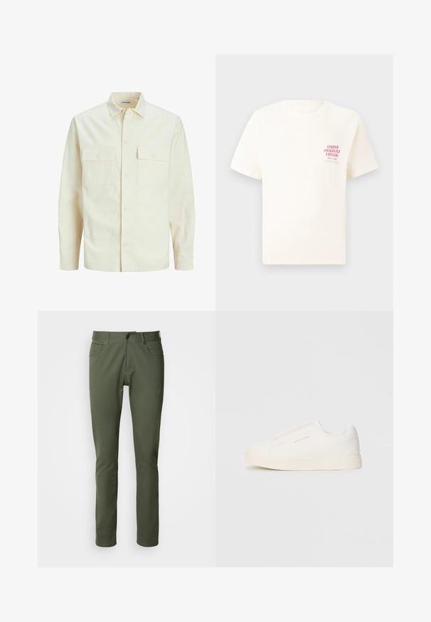 Svetlo béžová košeľa s dlhým rukávom, s golierom, dvoma prednými vreckami, zapínaním na gombíky a textúrovanou látkou.; Biele tričko s krátkym rukávom s červeným textom "Studio Originals Edition" na ľavej hrudi, zobrazené na neutrálnom šedom pozadí.; Olive zelené nohavice vyrobené z bavlnenej zmesi, s klasickým rovný fit, piatimi vreckami a kovovým zapínaním na gombík. Hladká textura.; Biele slip-on tenisky s textúrovaným povrchom, hrubou podrážkou a minimalistickým dizajnom. Obsahuje logo značky na boku.