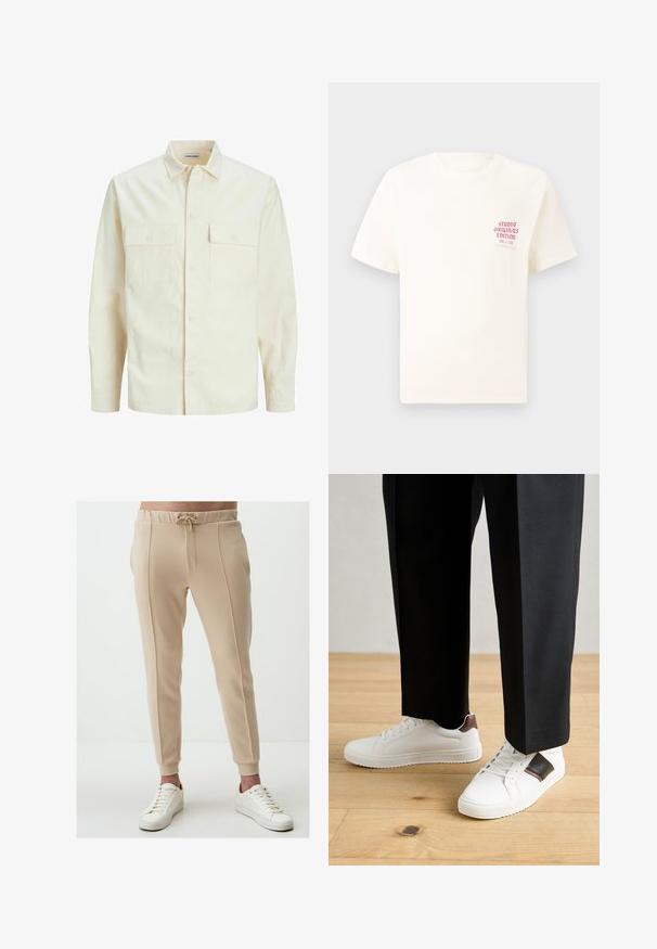 Lichtbeige langemouwen shirt met een kraaghalslijn, twee voorzakken, knoopsluiting en een gestructureerde stof.; Witte T-shirt met korte mouwen met rode tekst "Studio Originals Edition" op de linker borst, weergegeven op een neutrale grijze achtergrond.; Beige joggerbroek met een tailleband met koord, zijzakken en geribbelde boorden. Gladde textuurstof met verticale naaddetails. Gekocht met witte sneakers.; Witte sneakers met een gladde textuur, voorzien van bruine lederen accenten en zwarte details, gecombineerd met zwarte maatpakken. Achtergrond van houten vloeren.