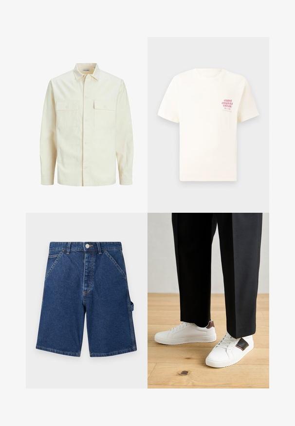 Šviesiai smėlio spalvos ilgomis rankovėmis marškiniai su apykakle, dviem priekinėmis kišenėmis, mygtukų uždarymu ir tekstūruota medžiaga.; Balta trumpa rankovėmis marškinėliai su raudonu užrašu "Studio Originals Edition" kairiajame krūtinės šone, rodomi neutralioje pilkoje aplinkoje.; Tamsiai mėlyni džinsiniai šortai su klasikine penkių kišenių dizainu, metaliniu užsegimu ir matoma siuvimo linija palei siūles.; Balti sportbačiai su glotnia danga, puošti rudais odiniais akcentais ir juodais detalėmis, derinami su juodais pritaikytais kelnėmis. Medinių grindų fonas.