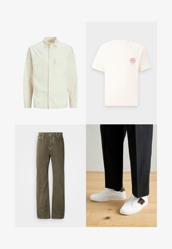 Camisa de manga larga color beige claro con cuello, dos bolsillos frontales, cierre de botones y una tela texturizada.; Camiseta blanca de manga corta con el texto rojo "Edición de Studio Originals" en el lado izquierdo del pecho, exhibida sobre un fondo gris neutro.; Jeans de corte recto en verde oliva, fabricados con tela de algodón texturizada. Cuenta con cinco bolsillos, cierre de botón metálico y costuras verticales sutiles.; Zapatillas blancas con textura suave, con acentos de cuero marrón y detalles en negro, combinadas con pantalones negros ajustados. Fondo de suelo de madera.