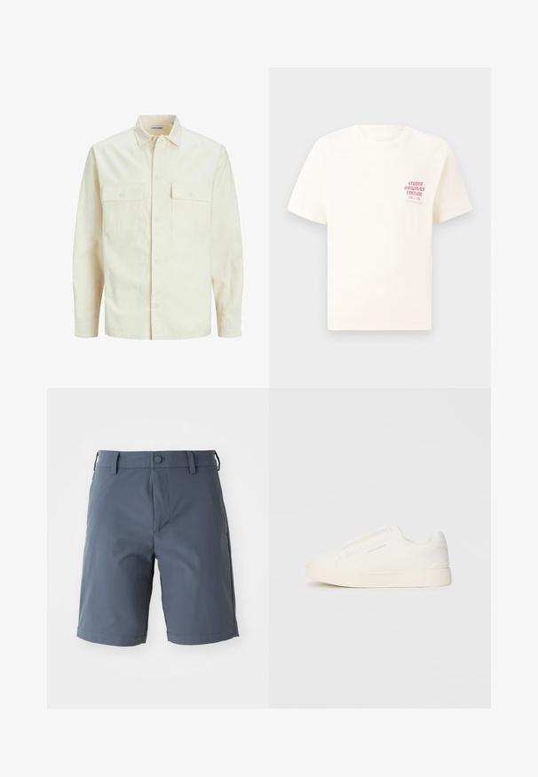 Camisa de manga larga color beige claro con cuello, dos bolsillos frontales, cierre de botones y una tela texturizada.; Camiseta blanca de manga corta con el texto rojo "Edición de Studio Originals" en el lado izquierdo del pecho, exhibida sobre un fondo gris neutro.; Pantalones cortos grises hasta la rodilla hechos de un tejido ligero; presentan un cierre de botón, passadores para cinturón y bolsillos laterales con una textura suave.; Zapatillas blancas tipo slip-on con una superficie texturizada, suela gruesa y diseño minimalista. Presenta el logo de la marca en un lado.