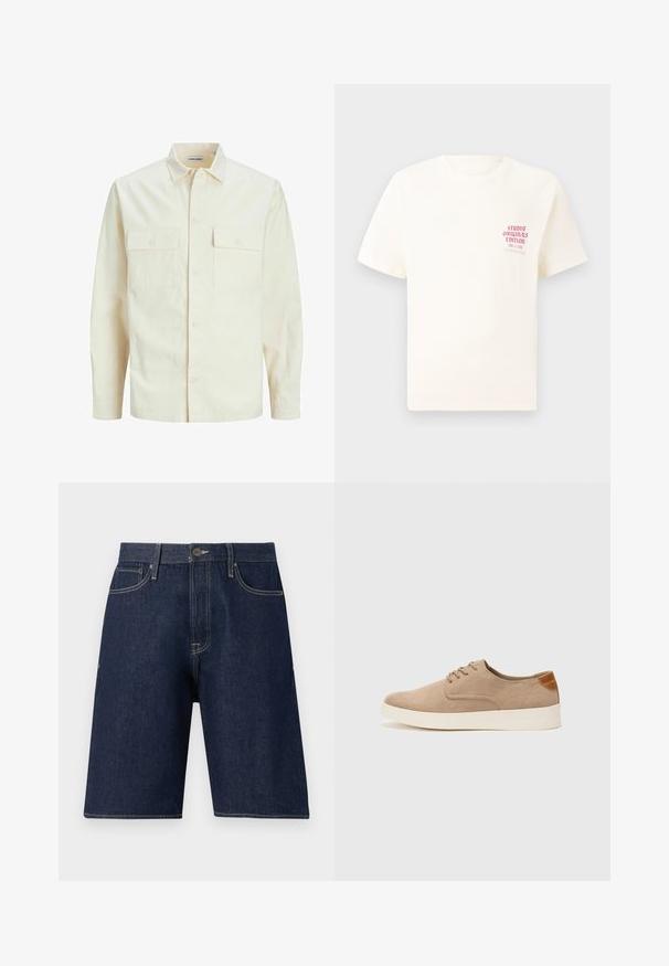 Gai bēšs garām piedurknēm krekls ar apkakles izgriezumu, divām priekšējām kabatām, pogu aizdari un teksturētu audumu.; Balts īsām piedurknēm T-krekls ar sarkanu tekstu "Studio Originals Edition" uz kreisā krūšu, pakārtots neitrālā pelēkā fonā.; Tumši zili džinsu šorti ar taisnu piegriezumu, ar pogu aizdari, jostu cilpām un tonālām šuvēm. Nav redzamu rakstu vai dekoratīvo elementu.; Beige zamšādas kedas ar noapaļotu purngala daļu, auklēm saplacinātu priekšpusi un teksturētu aizmugures akcentu. Balta gumijas zole nodrošina kontrastu. Vienkāršs un mūsdienīgs dizains.