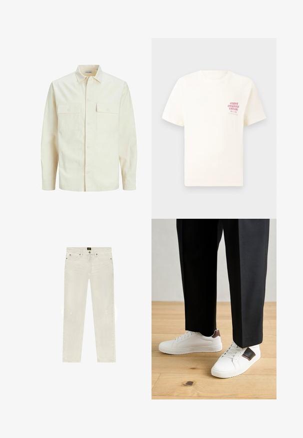 Camisa de manga larga color beige claro con cuello, dos bolsillos frontales, cierre de botones y una tela texturizada.; Camiseta blanca de manga corta con el texto rojo "Edición de Studio Originals" en el lado izquierdo del pecho, exhibida sobre un fondo gris neutro.; Jeans de mezclilla blanca con corte recto, que cuentan con un diseño clásico de cinco bolsillos, áreas deslavadas distintas y detalles de desgaste mínimos.; Zapatillas blancas con textura suave, con acentos de cuero marrón y detalles en negro, combinadas con pantalones negros ajustados. Fondo de suelo de madera.