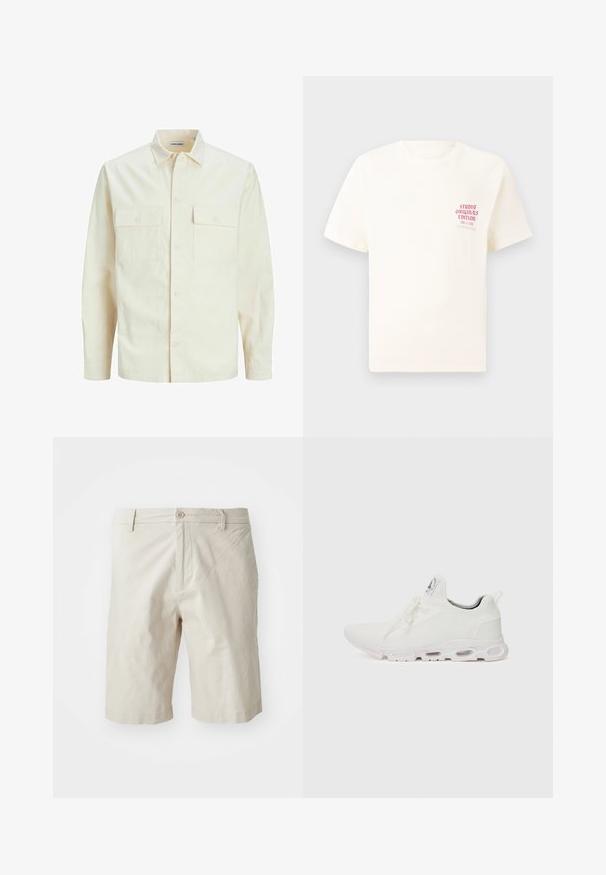 Gai bēšs garām piedurknēm krekls ar apkakles izgriezumu, divām priekšējām kabatām, pogu aizdari un teksturētu audumu.; Balts īsām piedurknēm T-krekls ar sarkanu tekstu "Studio Originals Edition" uz kreisā krūšu, pakārtots neitrālā pelēkā fonā.; Beige kokvilnas šorti ar priekšējo pogu aizdari, jostas cilpām un taisnu kāju dizainu. Gluda tekstūra, beidzas nedaudz virs ceļa.; Baltas sporta apavi ar teksturētu adītu augšdaļu, platiem auklām un mīkstinātu zoli ar redzamām gaisa kamerām papildu atbalstam.