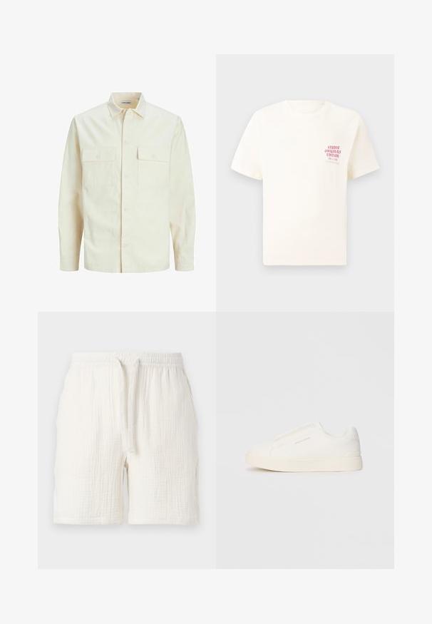 Vaaleanbeige pitkähihaisen paidan, jossa on kaulukset, kaksi etutaskua, nappikiinnitys ja tekstiilissä on tekstuuria.; Valkoinen lyhythihainen t-paita, jossa on punainen teksti "Studio Originals Edition" vasemmalla rinnalla, esitetty neutraalilla harmaalla taustalla.; Kevyet, valkoiset puuvillahousut, joissa on joustava vyötärö ja naru, jotka ovat rypistyneen tekstuurin ja rentoa istuvuutta.; Valkoiset liukusukat, joissa on teksturoitu pinta, paksu pohja ja minimalistikot. Sivulla on brändin logo.