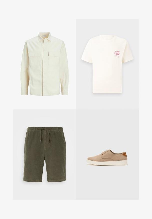 Jasno beżowa koszula z długim rękawem, z kołnierzykiem, dwoma kieszeniami z przodu, zapięciem na guziki i teksturowanym materiałem.; Biała koszulka z krótkim rękawem z czerwonym napisem "Studio Originals Edition" po lewej stronie klatki piersiowej, wyeksponowana na neutralnym szarym tle.; Oliwkowe szorty z kordurojowej tkaniny z elastycznym pasem, regulowanym sznurkiem i podwiniętymi nogawkami. Teksturowany materiał o miękkim wykończeniu.; Beżowe zamszowe sneakersy z okrągłym noskiem, sznurowanym przodem i teksturowanym akcentem na tyle. Biała gumowa podeszwa tworzy kontrast. Prosty i nowoczesny design.