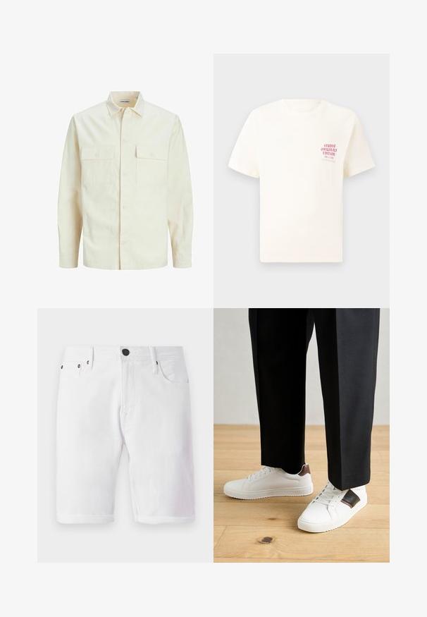 Camisa de manga larga color beige claro con cuello, dos bolsillos frontales, cierre de botones y una tela texturizada.; Camiseta blanca de manga corta con el texto rojo "Edición de Studio Originals" en el lado izquierdo del pecho, exhibida sobre un fondo gris neutro.; Shorts de mezclilla blanca con cierre de botón, diseño de cinco bolsillos y dobladillo enrollado. Textura suave con acentos metálicos en los bolsillos.; Zapatillas blancas con textura suave, con acentos de cuero marrón y detalles en negro, combinadas con pantalones negros ajustados. Fondo de suelo de madera.
